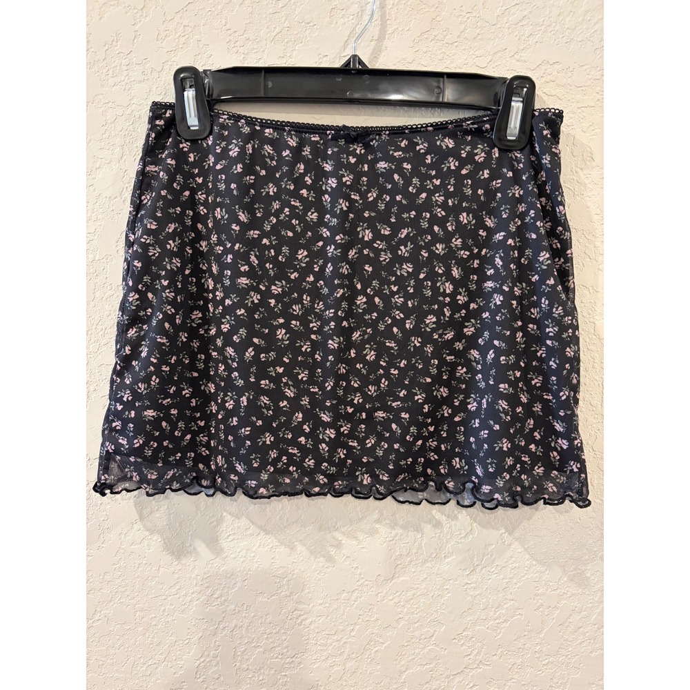 H&M Divided Black Pink Floral Mesh Mini Skirt Lettuce Edge Bow Size S